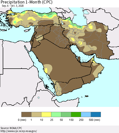 Middle East and Turkey Precipitation 1-Month (CPC) Thematic Map For 9/6/2020 - 10/5/2020