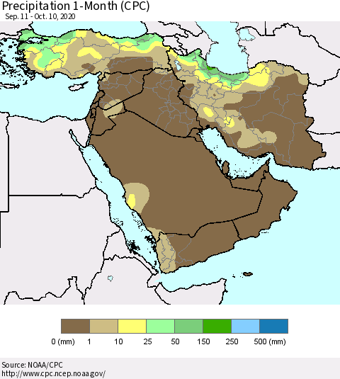 Middle East and Turkey Precipitation 1-Month (CPC) Thematic Map For 9/11/2020 - 10/10/2020