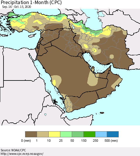 Middle East and Turkey Precipitation 1-Month (CPC) Thematic Map For 9/16/2020 - 10/15/2020