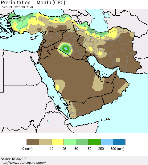 Middle East and Turkey Precipitation 1-Month (CPC) Thematic Map For 9/21/2020 - 10/20/2020
