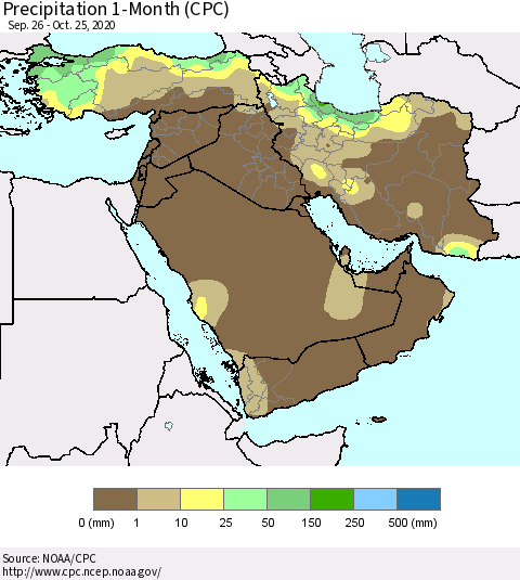 Middle East and Turkey Precipitation 1-Month (CPC) Thematic Map For 9/26/2020 - 10/25/2020