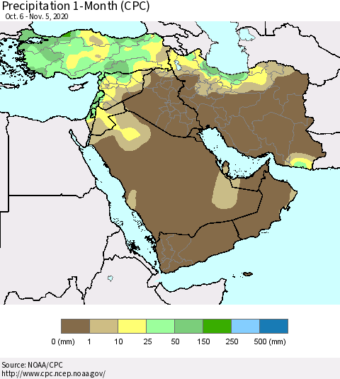Middle East and Turkey Precipitation 1-Month (CPC) Thematic Map For 10/6/2020 - 11/5/2020