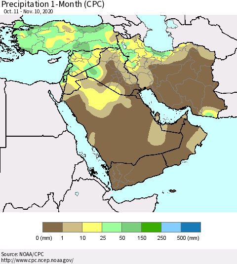 Middle East and Turkey Precipitation 1-Month (CPC) Thematic Map For 10/11/2020 - 11/10/2020