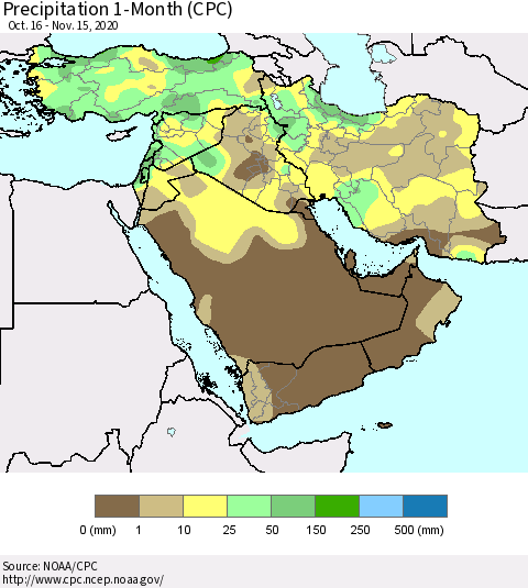 Middle East and Turkey Precipitation 1-Month (CPC) Thematic Map For 10/16/2020 - 11/15/2020