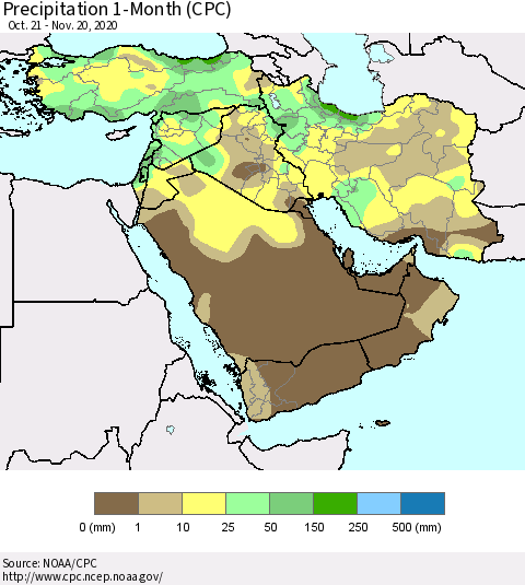 Middle East and Turkey Precipitation 1-Month (CPC) Thematic Map For 10/21/2020 - 11/20/2020