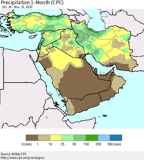 Middle East and Turkey Precipitation 1-Month (CPC) Thematic Map For 10/26/2020 - 11/25/2020