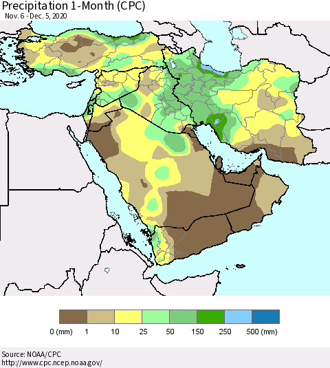 Middle East and Turkey Precipitation 1-Month (CPC) Thematic Map For 11/6/2020 - 12/5/2020