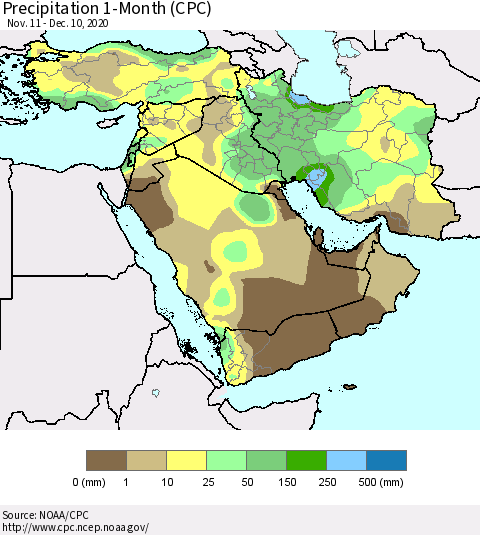 Middle East and Turkey Precipitation 1-Month (CPC) Thematic Map For 11/11/2020 - 12/10/2020