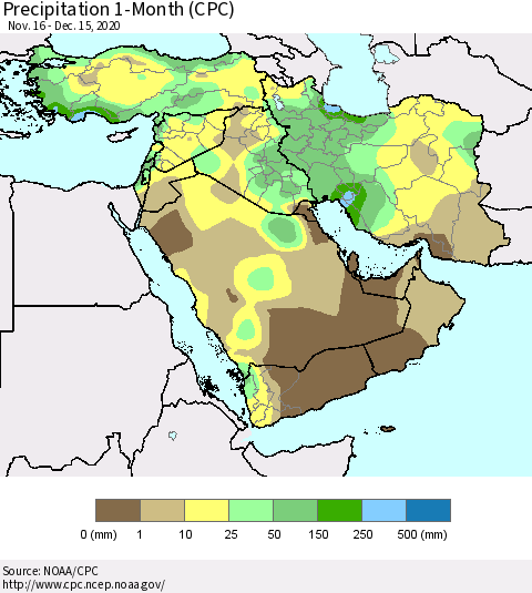 Middle East and Turkey Precipitation 1-Month (CPC) Thematic Map For 11/16/2020 - 12/15/2020
