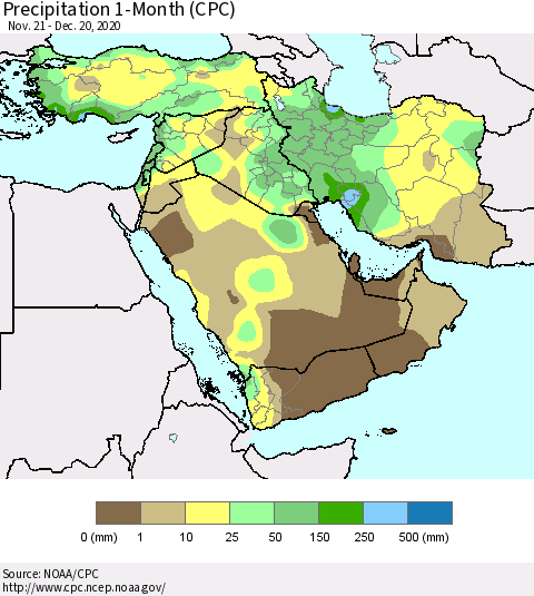 Middle East and Turkey Precipitation 1-Month (CPC) Thematic Map For 11/21/2020 - 12/20/2020