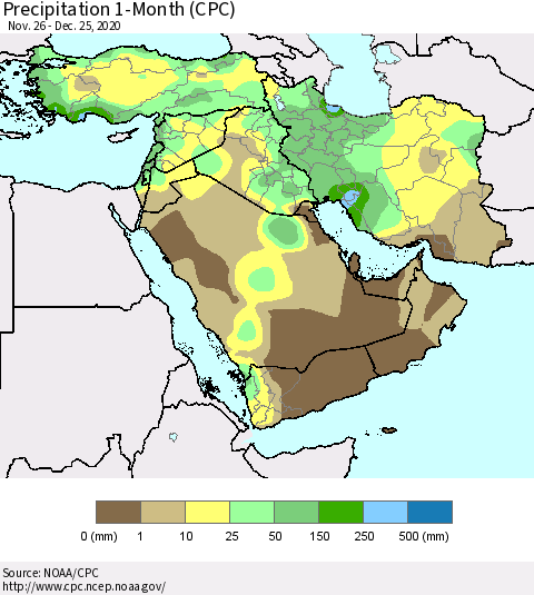 Middle East and Turkey Precipitation 1-Month (CPC) Thematic Map For 11/26/2020 - 12/25/2020
