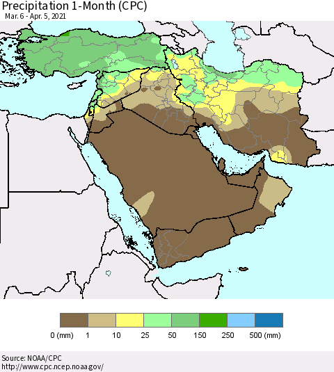 Middle East and Turkey Precipitation 1-Month (CPC) Thematic Map For 3/6/2021 - 4/5/2021