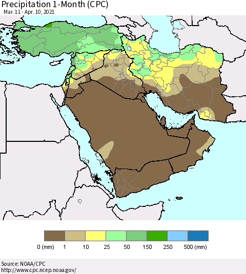Middle East and Turkey Precipitation 1-Month (CPC) Thematic Map For 3/11/2021 - 4/10/2021