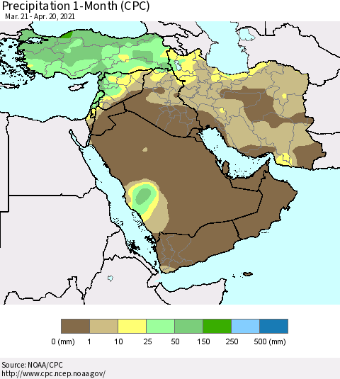 Middle East and Turkey Precipitation 1-Month (CPC) Thematic Map For 3/21/2021 - 4/20/2021