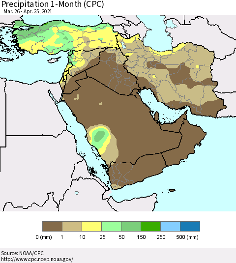 Middle East and Turkey Precipitation 1-Month (CPC) Thematic Map For 3/26/2021 - 4/25/2021