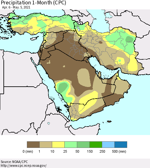 Middle East and Turkey Precipitation 1-Month (CPC) Thematic Map For 4/6/2021 - 5/5/2021