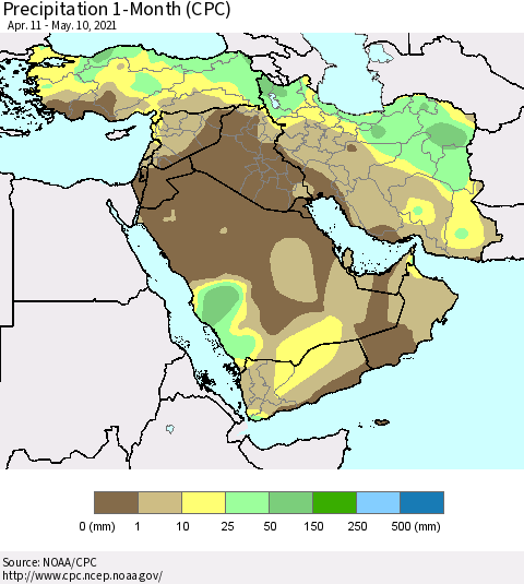 Middle East and Turkey Precipitation 1-Month (CPC) Thematic Map For 4/11/2021 - 5/10/2021