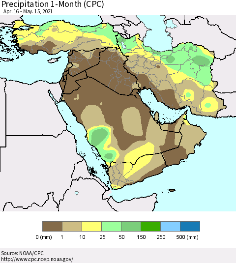 Middle East and Turkey Precipitation 1-Month (CPC) Thematic Map For 4/16/2021 - 5/15/2021