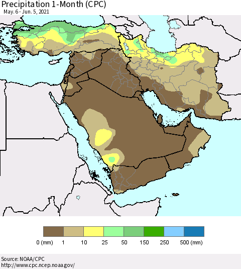 Middle East and Turkey Precipitation 1-Month (CPC) Thematic Map For 5/6/2021 - 6/5/2021