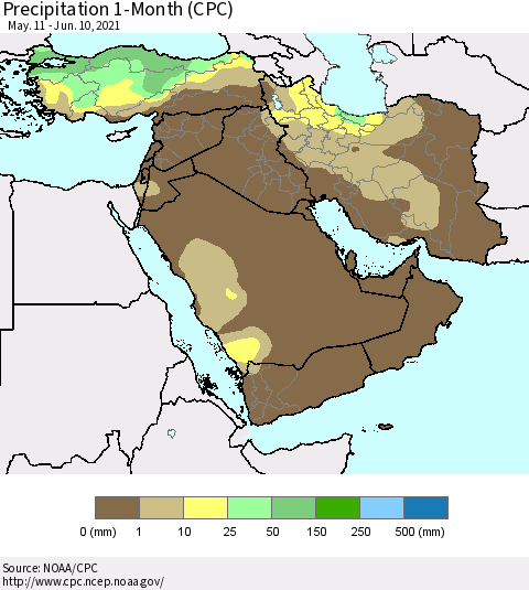 Middle East and Turkey Precipitation 1-Month (CPC) Thematic Map For 5/11/2021 - 6/10/2021