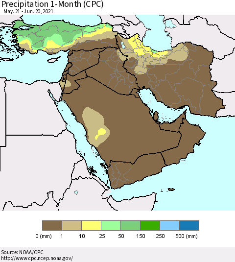 Middle East and Turkey Precipitation 1-Month (CPC) Thematic Map For 5/21/2021 - 6/20/2021