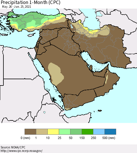 Middle East and Turkey Precipitation 1-Month (CPC) Thematic Map For 5/26/2021 - 6/25/2021