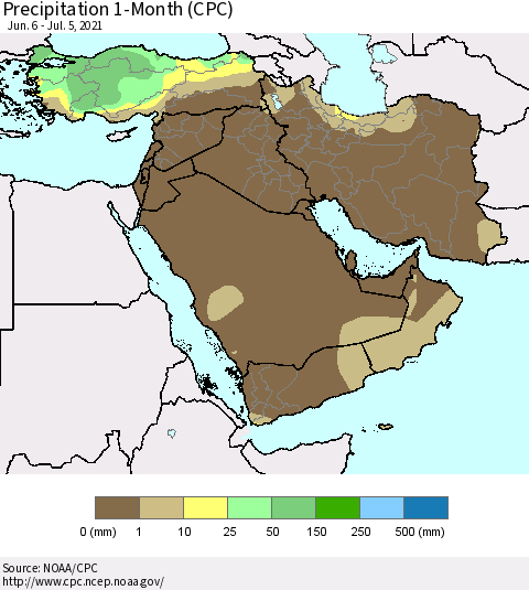 Middle East and Turkey Precipitation 1-Month (CPC) Thematic Map For 6/6/2021 - 7/5/2021