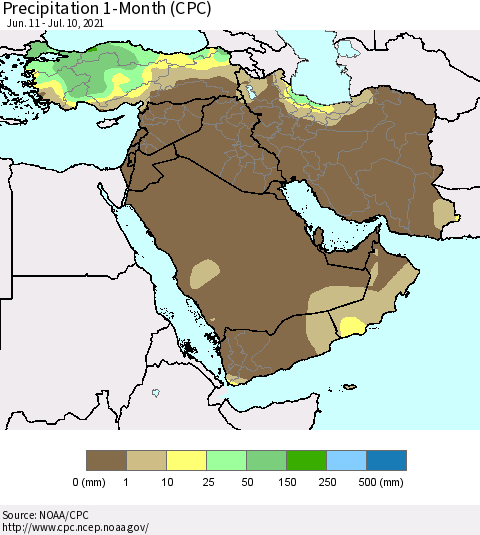 Middle East and Turkey Precipitation 1-Month (CPC) Thematic Map For 6/11/2021 - 7/10/2021
