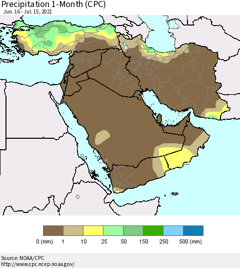 Middle East and Turkey Precipitation 1-Month (CPC) Thematic Map For 6/16/2021 - 7/15/2021