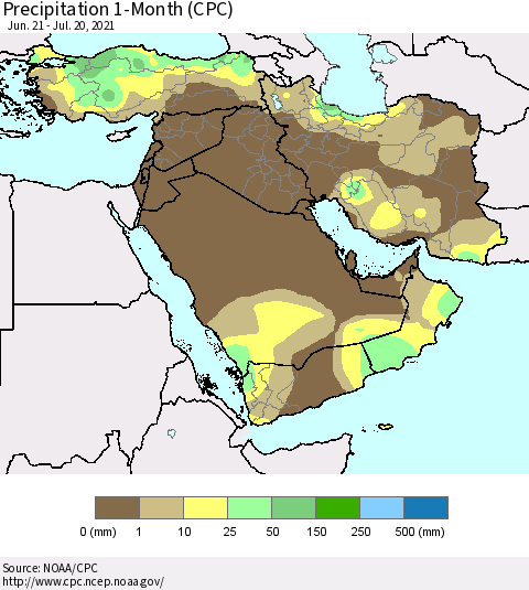 Middle East and Turkey Precipitation 1-Month (CPC) Thematic Map For 6/21/2021 - 7/20/2021