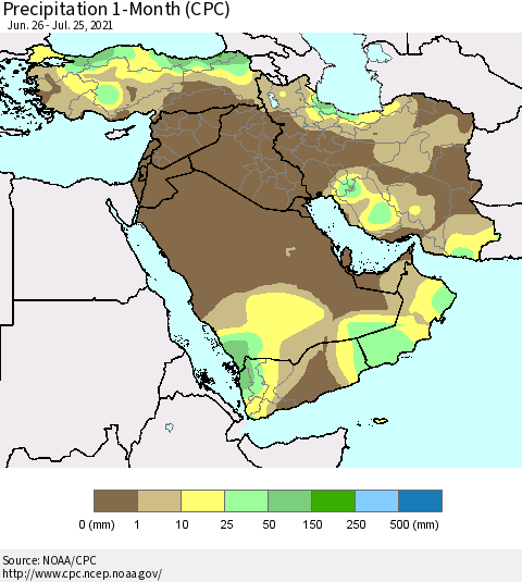 Middle East and Turkey Precipitation 1-Month (CPC) Thematic Map For 6/26/2021 - 7/25/2021