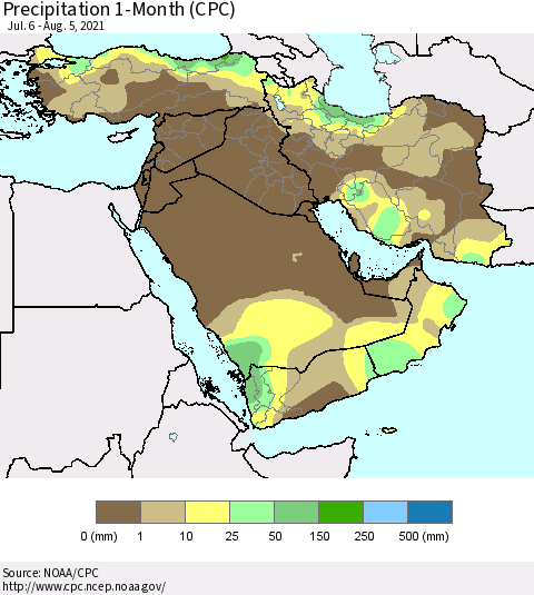 Middle East and Turkey Precipitation 1-Month (CPC) Thematic Map For 7/6/2021 - 8/5/2021