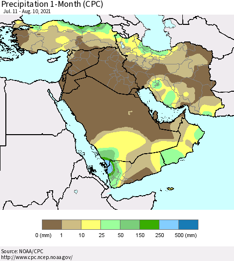 Middle East and Turkey Precipitation 1-Month (CPC) Thematic Map For 7/11/2021 - 8/10/2021