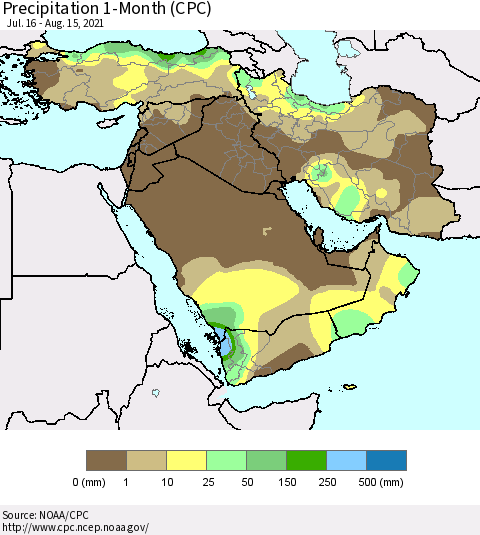 Middle East and Turkey Precipitation 1-Month (CPC) Thematic Map For 7/16/2021 - 8/15/2021