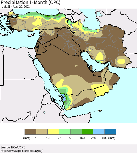 Middle East and Turkey Precipitation 1-Month (CPC) Thematic Map For 7/21/2021 - 8/20/2021