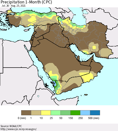 Middle East and Turkey Precipitation 1-Month (CPC) Thematic Map For 7/26/2021 - 8/25/2021