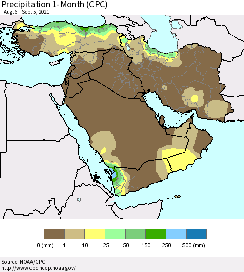 Middle East and Turkey Precipitation 1-Month (CPC) Thematic Map For 8/6/2021 - 9/5/2021