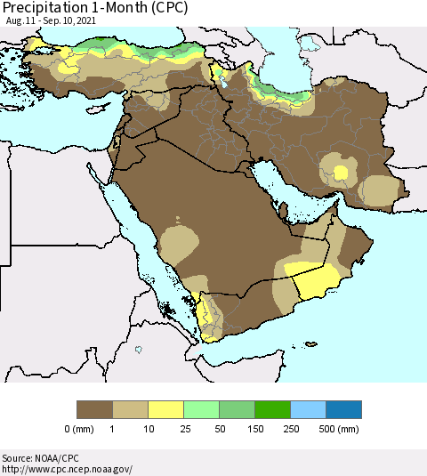 Middle East and Turkey Precipitation 1-Month (CPC) Thematic Map For 8/11/2021 - 9/10/2021