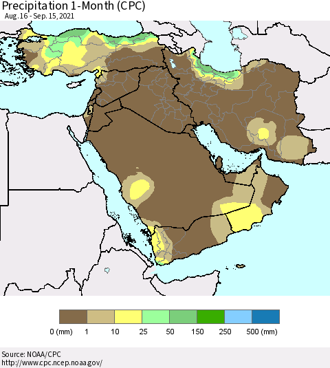 Middle East and Turkey Precipitation 1-Month (CPC) Thematic Map For 8/16/2021 - 9/15/2021