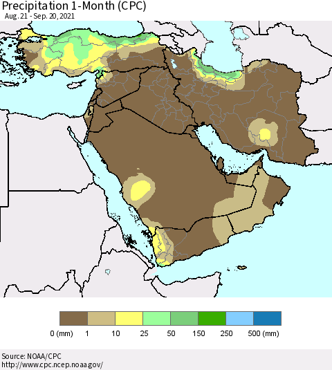 Middle East and Turkey Precipitation 1-Month (CPC) Thematic Map For 8/21/2021 - 9/20/2021