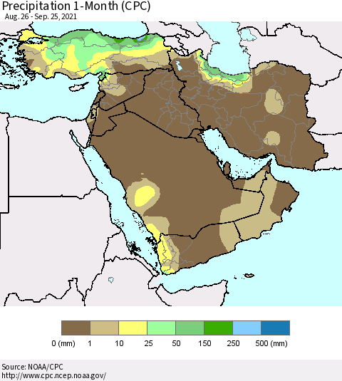 Middle East and Turkey Precipitation 1-Month (CPC) Thematic Map For 8/26/2021 - 9/25/2021