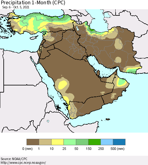 Middle East and Turkey Precipitation 1-Month (CPC) Thematic Map For 9/6/2021 - 10/5/2021