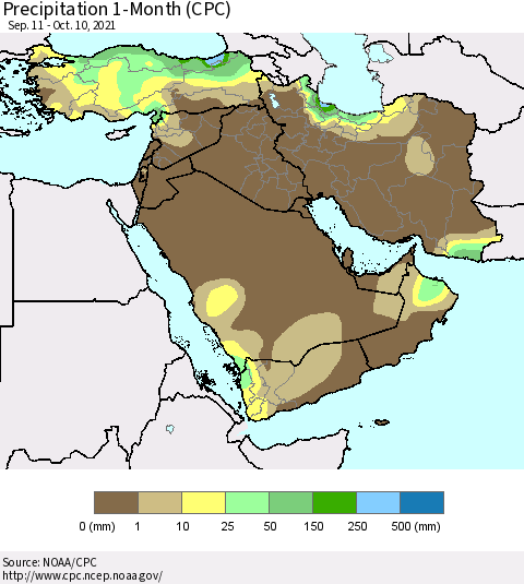 Middle East and Turkey Precipitation 1-Month (CPC) Thematic Map For 9/11/2021 - 10/10/2021