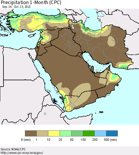 Middle East and Turkey Precipitation 1-Month (CPC) Thematic Map For 9/16/2021 - 10/15/2021