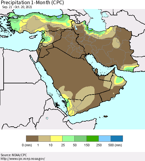 Middle East and Turkey Precipitation 1-Month (CPC) Thematic Map For 9/21/2021 - 10/20/2021