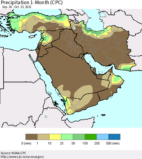 Middle East and Turkey Precipitation 1-Month (CPC) Thematic Map For 9/26/2021 - 10/25/2021