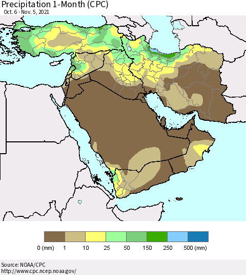 Middle East and Turkey Precipitation 1-Month (CPC) Thematic Map For 10/6/2021 - 11/5/2021