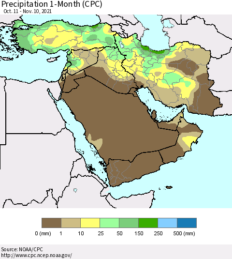 Middle East and Turkey Precipitation 1-Month (CPC) Thematic Map For 10/11/2021 - 11/10/2021