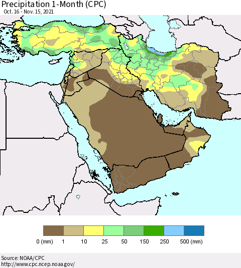 Middle East and Turkey Precipitation 1-Month (CPC) Thematic Map For 10/16/2021 - 11/15/2021