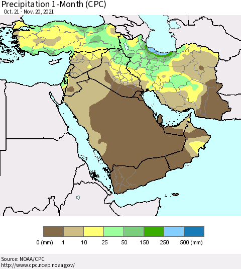 Middle East and Turkey Precipitation 1-Month (CPC) Thematic Map For 10/21/2021 - 11/20/2021